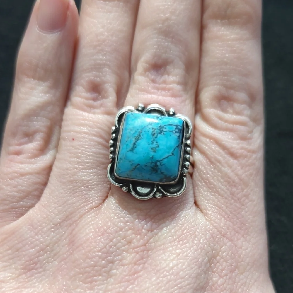Silver Plated Blue Turquoise Gemstone Square Statement Ring - Size 8-10